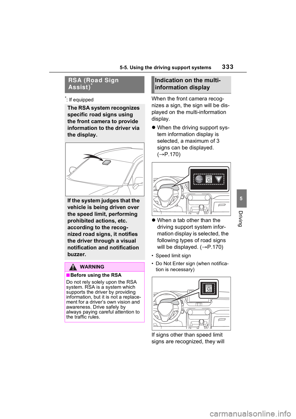 TOYOTA RAV4 PRIME 2021  Owners Manual 3335-5. Using the driving support systems
5
Driving
*: If equippedWhen the front camera recog-
nizes a sign, the sign will be dis-
played on the multi-information 
display.
When the driving support