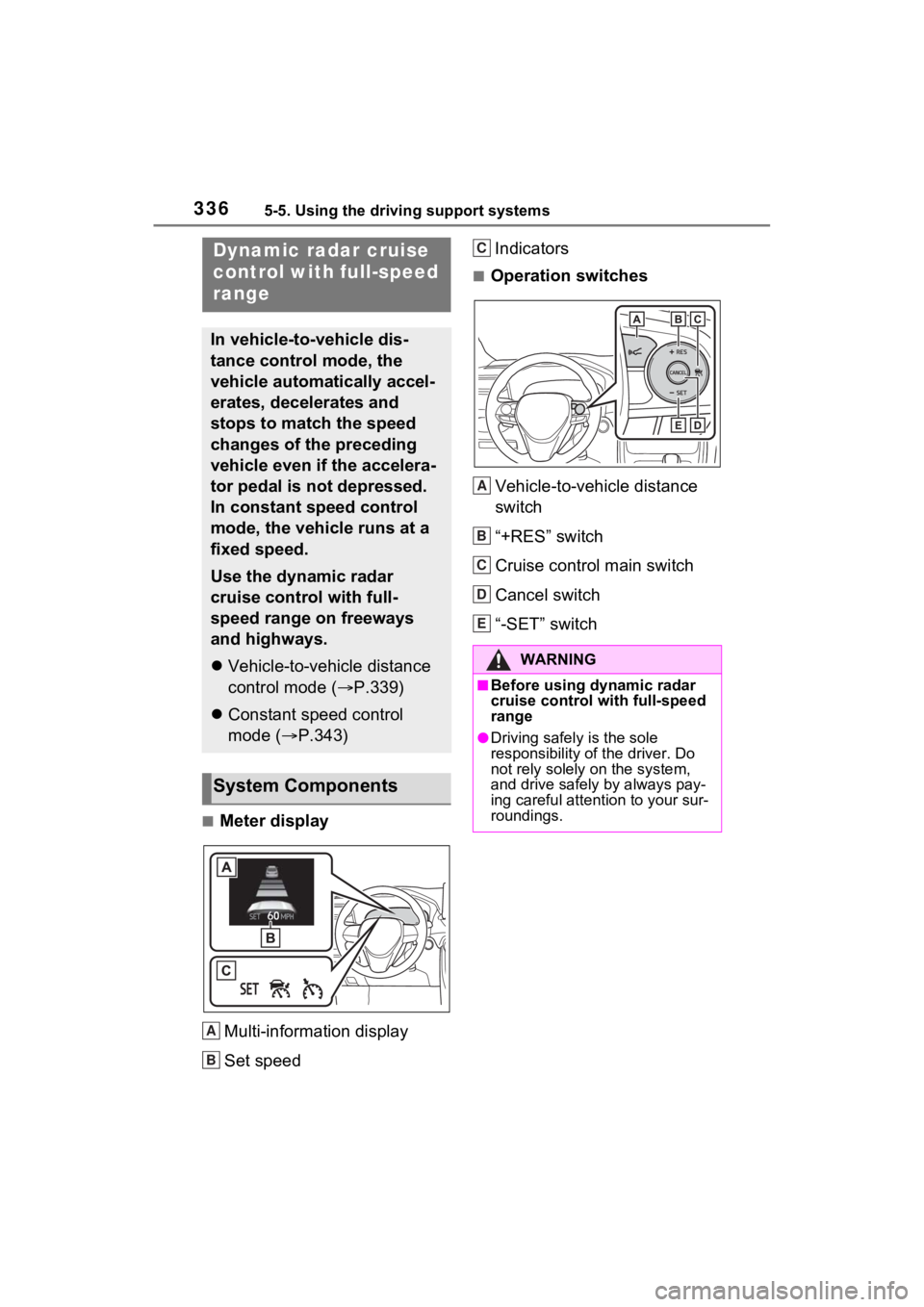 TOYOTA RAV4 PRIME 2021  Owners Manual 3365-5. Using the driving support systems
■Meter displayMulti-information display
Set speed Indicators
■Operation switches
Vehicle-to-vehicle distance 
switch
“+RES” switch
Cruise control main