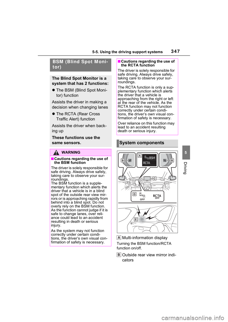 TOYOTA RAV4 PRIME 2021 Owners Guide 3475-5. Using the driving support systems
5
Driving
Multi-information display
Turning the BSM function/RCTA 
function on/off.
Outside rear view mirror indi-
cators
BSM (Blind Spot Moni-
tor)
The Blind