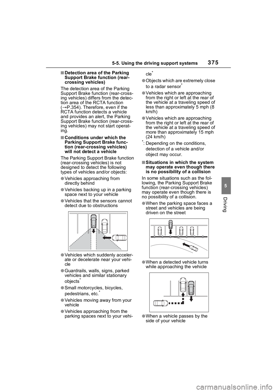 TOYOTA RAV4 PRIME 2021 User Guide 3755-5. Using the driving support systems
5
Driving
■Detection area of the Parking
Support Brake function (rear-
crossing vehicles)
The detection area of the Parking
Support Brake function (rear-c TOYOTA RAV4 PRIME 2021 User Guide 3755-5. Using the driving support systems
5
Driving
■Detection area of the Parking
Support Brake function (rear-
crossing vehicles)
The detection area of the Parking
Support Brake function (rear-c