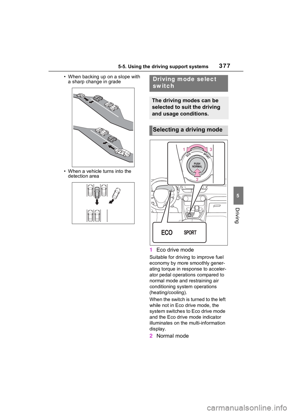 TOYOTA RAV4 PRIME 2021 Owners Manual 3775-5. Using the driving support systems
5
Driving
• When backing up on a slope with a sharp change in grade
• When a vehicle turns into the detection area
1 Eco drive mode
Suitable for drivi ng TOYOTA RAV4 PRIME 2021 Owners Manual 3775-5. Using the driving support systems
5
Driving
• When backing up on a slope with a sharp change in grade
• When a vehicle turns into the detection area
1 Eco drive mode
Suitable for drivi ng