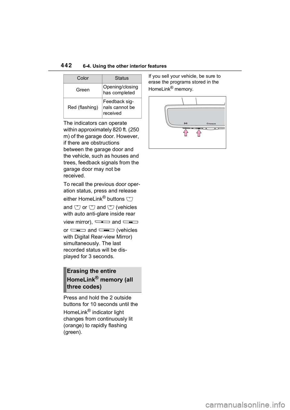 TOYOTA RAV4 PRIME 2021 Owners Manual 4426-4. Using the other interior features
The indicators can operate
within approximately 820 ft. (250
m) of the garage door. However,
if there are obstructions
between the garage door and
the ve TOYOTA RAV4 PRIME 2021 Owners Manual 4426-4. Using the other interior features
The indicators can operate
within approximately 820 ft. (250
m) of the garage door. However,
if there are obstructions
between the garage door and
the ve