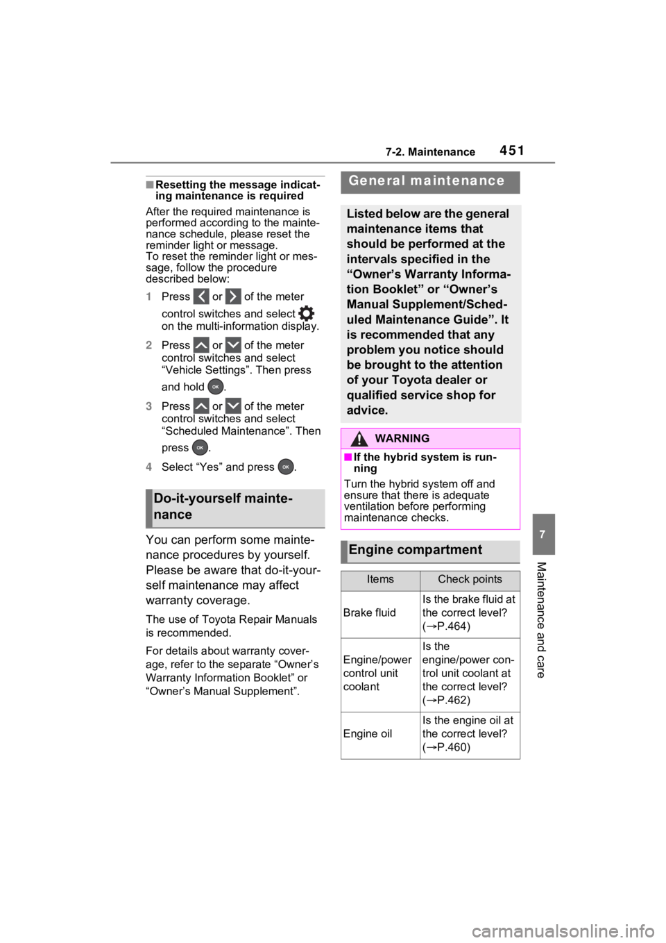 TOYOTA RAV4 PRIME 2021 User Guide 4517-2. Maintenance
7
Maintenance and care
■Resetting the message indicat-
ing maintenance is required
After the required maintenance is
performed according to the mainte-
nance schedule, please re TOYOTA RAV4 PRIME 2021 User Guide 4517-2. Maintenance
7
Maintenance and care
■Resetting the message indicat-
ing maintenance is required
After the required maintenance is
performed according to the mainte-
nance schedule, please re
