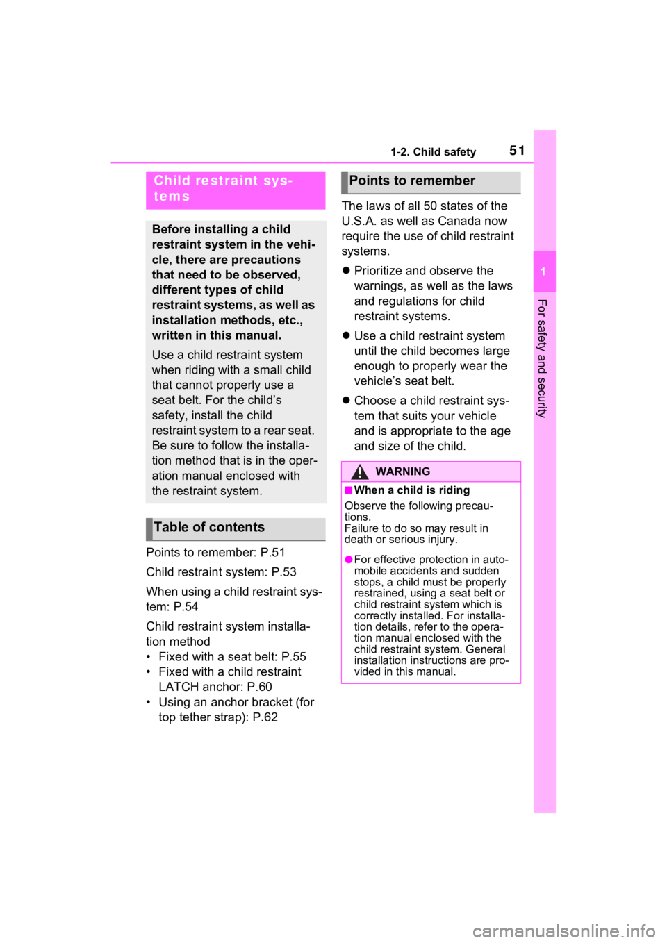 TOYOTA RAV4 PRIME 2021 Workshop Manual 511-2. Child safety
1
For safety and security
Points to remember: P.51
Child restraint system: P.53
When using a child restraint sys-
tem: P.54
Child restraint system installa-
tion method
• Fixed w TOYOTA RAV4 PRIME 2021 Workshop Manual 511-2. Child safety
1
For safety and security
Points to remember: P.51
Child restraint system: P.53
When using a child restraint sys-
tem: P.54
Child restraint system installa-
tion method
• Fixed w