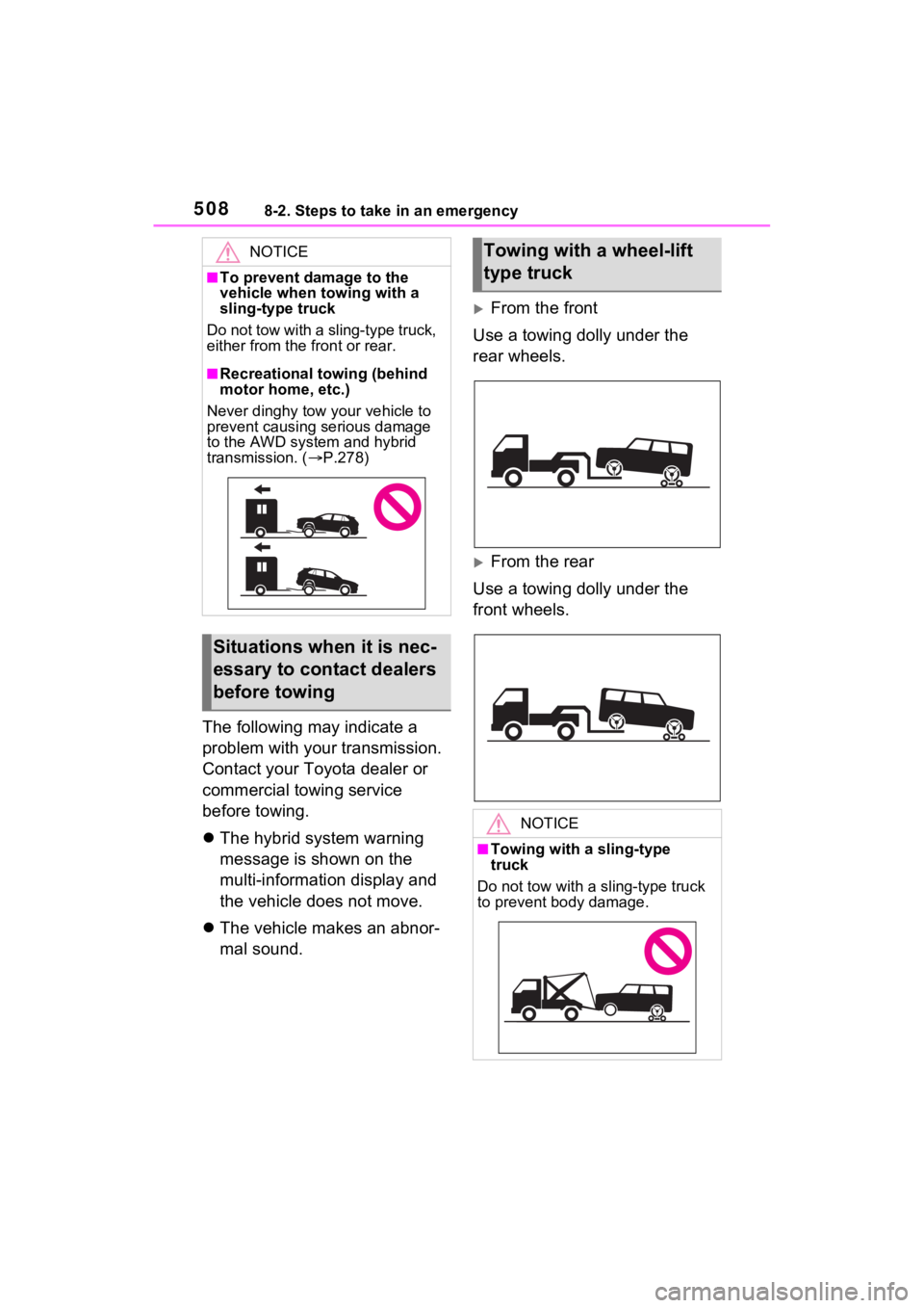TOYOTA RAV4 PRIME 2021  Owners Manual 5088-2. Steps to take in an emergency
The following may indicate a 
problem with your transmission. 
Contact your Toyota dealer or 
commercial towing service 
before towing.
The hybrid system warni