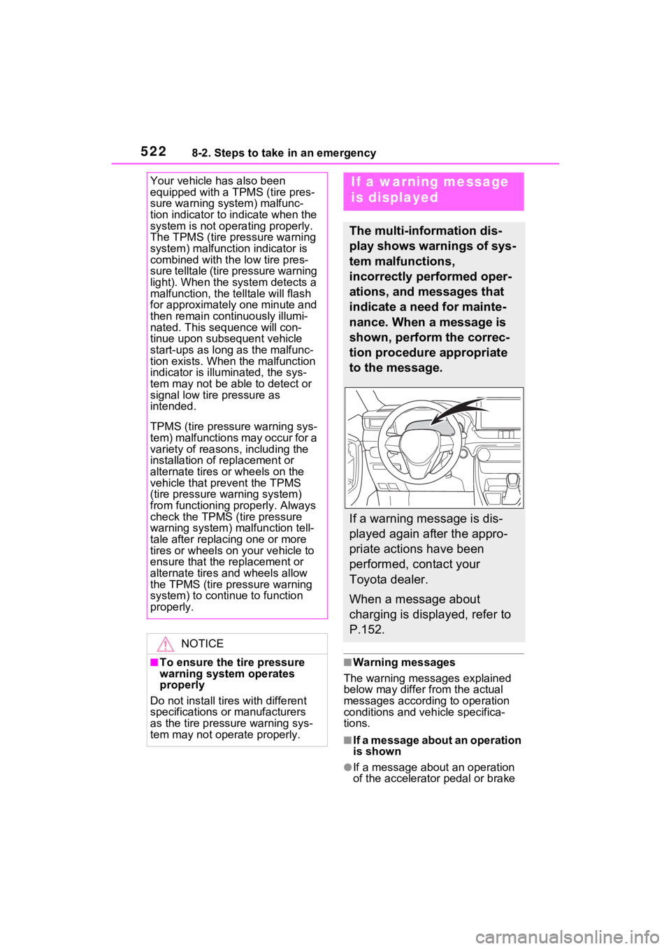 TOYOTA RAV4 PRIME 2021 Owners Manual 5228-2. Steps to take in an emergency
■Warning messages
The warning messages explained
below may differ from the actual
messages according to operation
conditions and vehicle specifica-
tions.
TOYOTA RAV4 PRIME 2021 Owners Manual 5228-2. Steps to take in an emergency
■Warning messages
The warning messages explained
below may differ from the actual
messages according to operation
conditions and vehicle specifica-
tions.