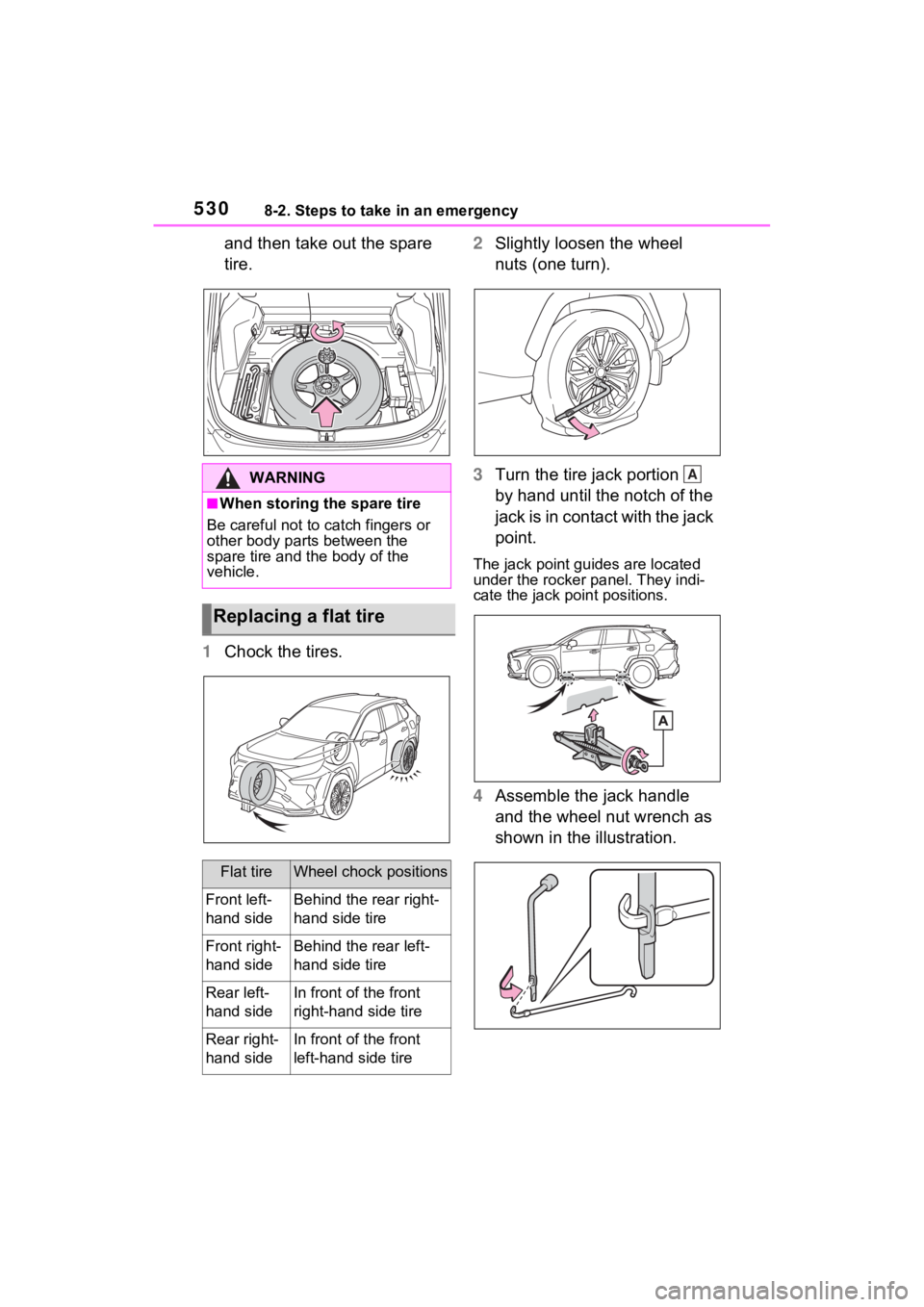 TOYOTA RAV4 PRIME 2021  Owners Manual 5308-2. Steps to take in an emergency
and then take out the spare 
tire.
1 Chock the tires. 2
Slightly loosen the wheel 
nuts (one turn).
3 Turn the tire jack portion   
by hand until the notch of the