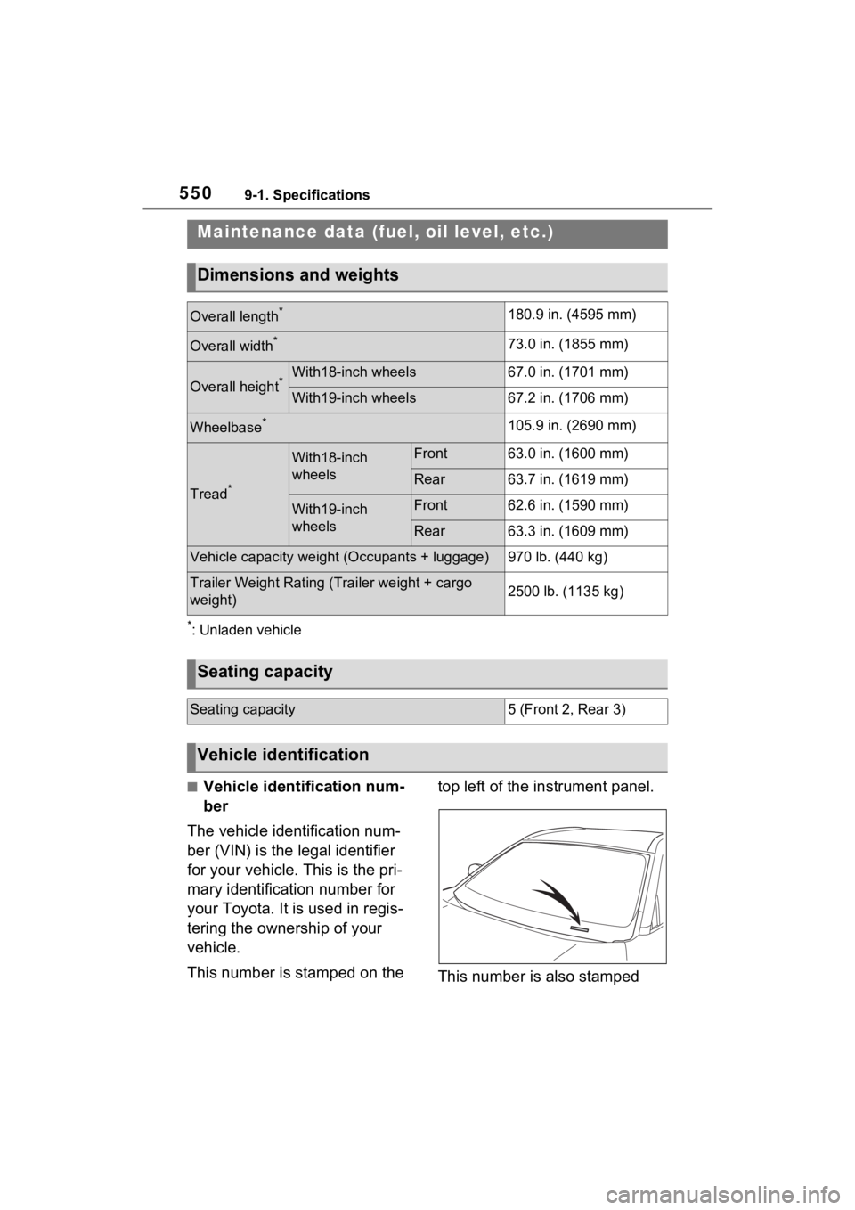TOYOTA RAV4 PRIME 2021 Owners Manual 5509-1. Specifications
9-1.Specifications
*: Unladen vehicle
■Vehicle identification num-
ber
The vehicle identification num-
ber (VIN) is the legal identifier
for your vehicle. This is the pri-
ma TOYOTA RAV4 PRIME 2021 Owners Manual 5509-1. Specifications
9-1.Specifications
*: Unladen vehicle
■Vehicle identification num-
ber
The vehicle identification num-
ber (VIN) is the legal identifier
for your vehicle. This is the pri-
ma