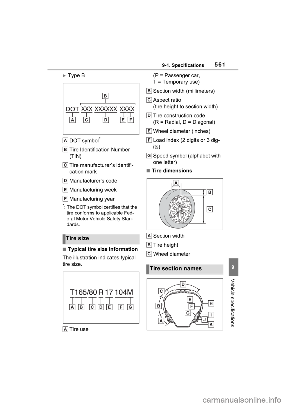 TOYOTA RAV4 PRIME 2021 Owners Manual 5619-1. Specifications
9
Vehicle specifications
Type BDOT symbol
*
Tire Identification Number
(TIN)
Tire manufacturer’s identifi-
cation mark
Manufacturer’s code
Manufacturing week
Manufacturi TOYOTA RAV4 PRIME 2021 Owners Manual 5619-1. Specifications
9
Vehicle specifications
Type BDOT symbol
*
Tire Identification Number
(TIN)
Tire manufacturer’s identifi-
cation mark
Manufacturer’s code
Manufacturing week
Manufacturi