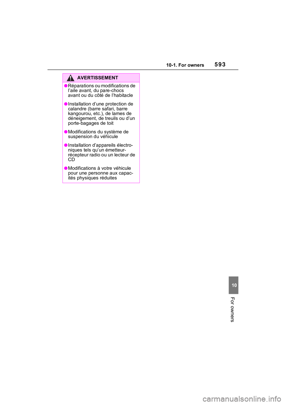 TOYOTA RAV4 PRIME 2021 Owners Manual 59310-1. For owners
10
For owners
AVERTISSEMENT
●Réparations ou modifications de
l’aile avant, du pare-chocs
avant ou du côté de l’habitacle
●Installation d’une protection de
calandre TOYOTA RAV4 PRIME 2021 Owners Manual 59310-1. For owners
10
For owners
AVERTISSEMENT
●Réparations ou modifications de
l’aile avant, du pare-chocs
avant ou du côté de l’habitacle
●Installation d’une protection de
calandre