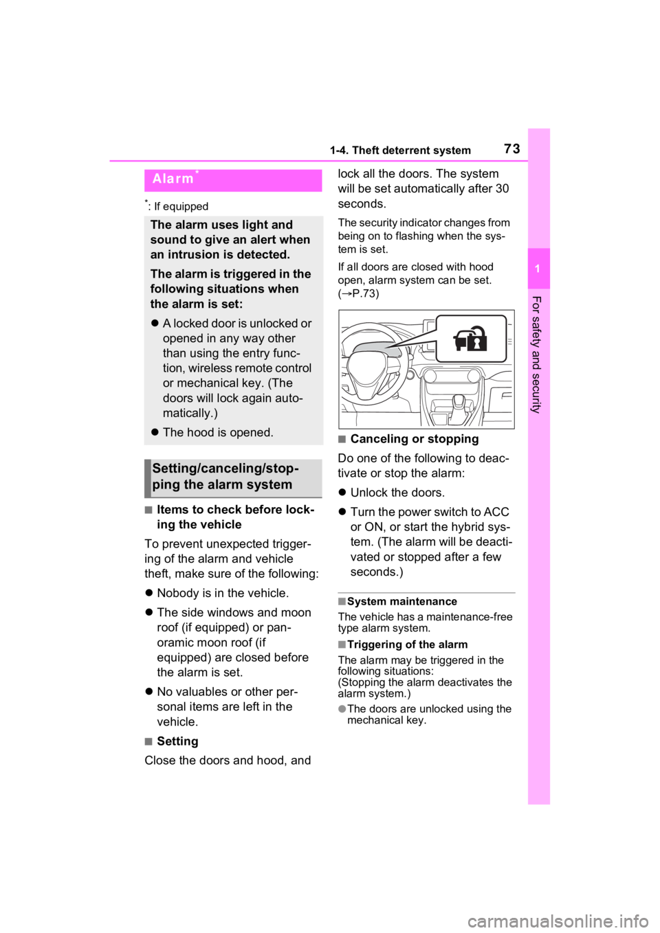 TOYOTA RAV4 PRIME 2021 Owners Manual 731-4. Theft deterrent system
1
For safety and security
*: If equipped
■Items to check before lock-
ing the vehicle
To prevent unexpected trigger-
ing of the alarm and vehicle
theft, make sure of t TOYOTA RAV4 PRIME 2021 Owners Manual 731-4. Theft deterrent system
1
For safety and security
*: If equipped
■Items to check before lock-
ing the vehicle
To prevent unexpected trigger-
ing of the alarm and vehicle
theft, make sure of t