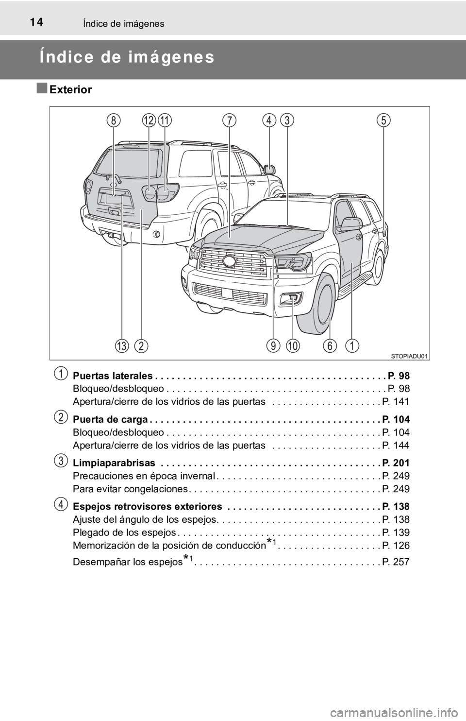 TOYOTA SEQUOIA 2019 Manual del propietario (in Spanish) 14Índice de imágenes
Índice de imágenes
■Exterior
Puertas laterales . . . . . . . . . . . . . . . . . . . . . . . . . . . . . . . . . . . . . . . . . . P. 98
Bloqueo/desbloqueo . . . . . . . . . TOYOTA SEQUOIA 2019 Manual del propietario (in Spanish) 14Índice de imágenes
Índice de imágenes
■Exterior
Puertas laterales . . . . . . . . . . . . . . . . . . . . . . . . . . . . . . . . . . . . . . . . . . P. 98
Bloqueo/desbloqueo . . . . . . . . .