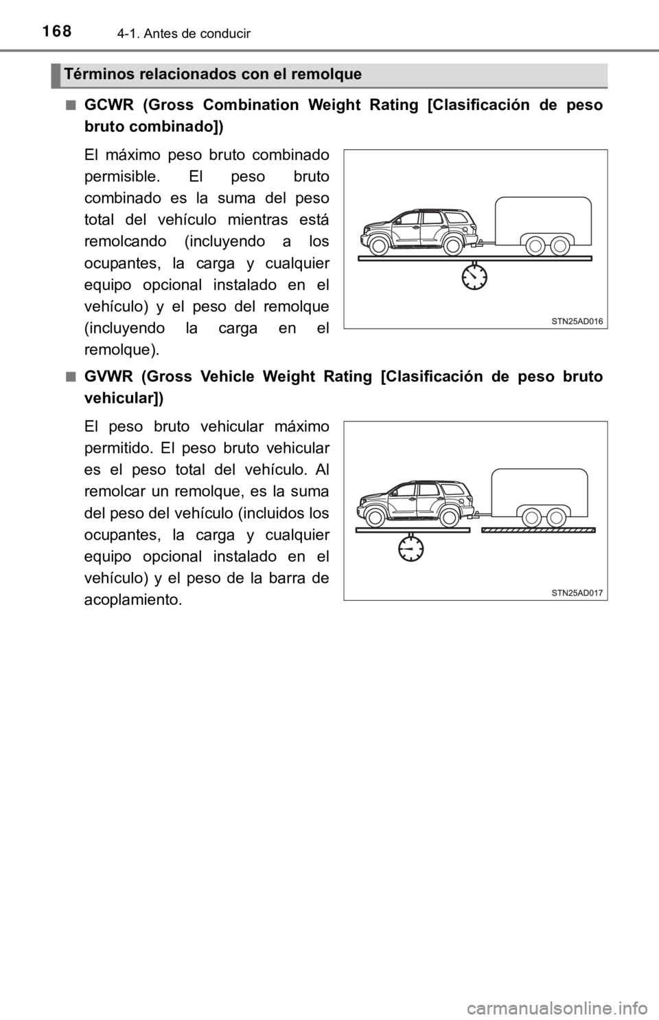TOYOTA SEQUOIA 2019  Manual del propietario (in Spanish) 1684-1. Antes de conducir
■GCWR  (Gross  Combination  Weight  Rating  [Clasificación  de  peso
bruto combinado])
El  máximo  peso  bruto  combinado
permisible.  El  peso  bruto
combinado  es  la  