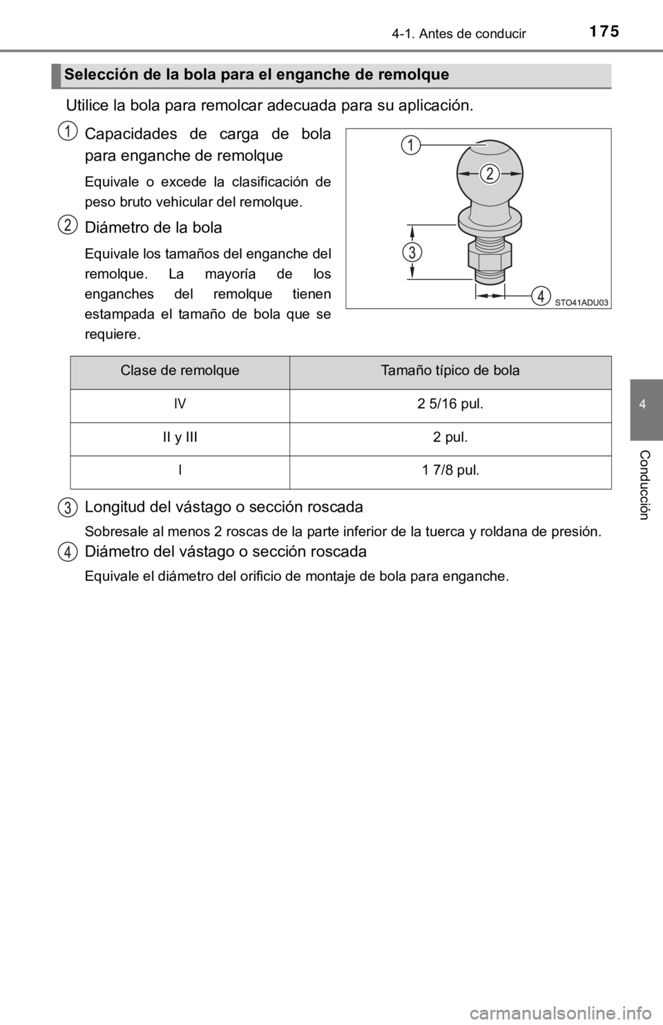 TOYOTA SEQUOIA 2019 Manual del propietario (in Spanish) 1754-1. Antes de conducir
4
Conducción
Utilice la bola para remolcar adecuada para su aplicación.Capacidades de carga de bola
para enganche de remolque
Equivale o excede la clasificación d TOYOTA SEQUOIA 2019 Manual del propietario (in Spanish) 1754-1. Antes de conducir
4
Conducción
Utilice la bola para remolcar adecuada para su aplicación.Capacidades de carga de bola
para enganche de remolque
Equivale o excede la clasificación d