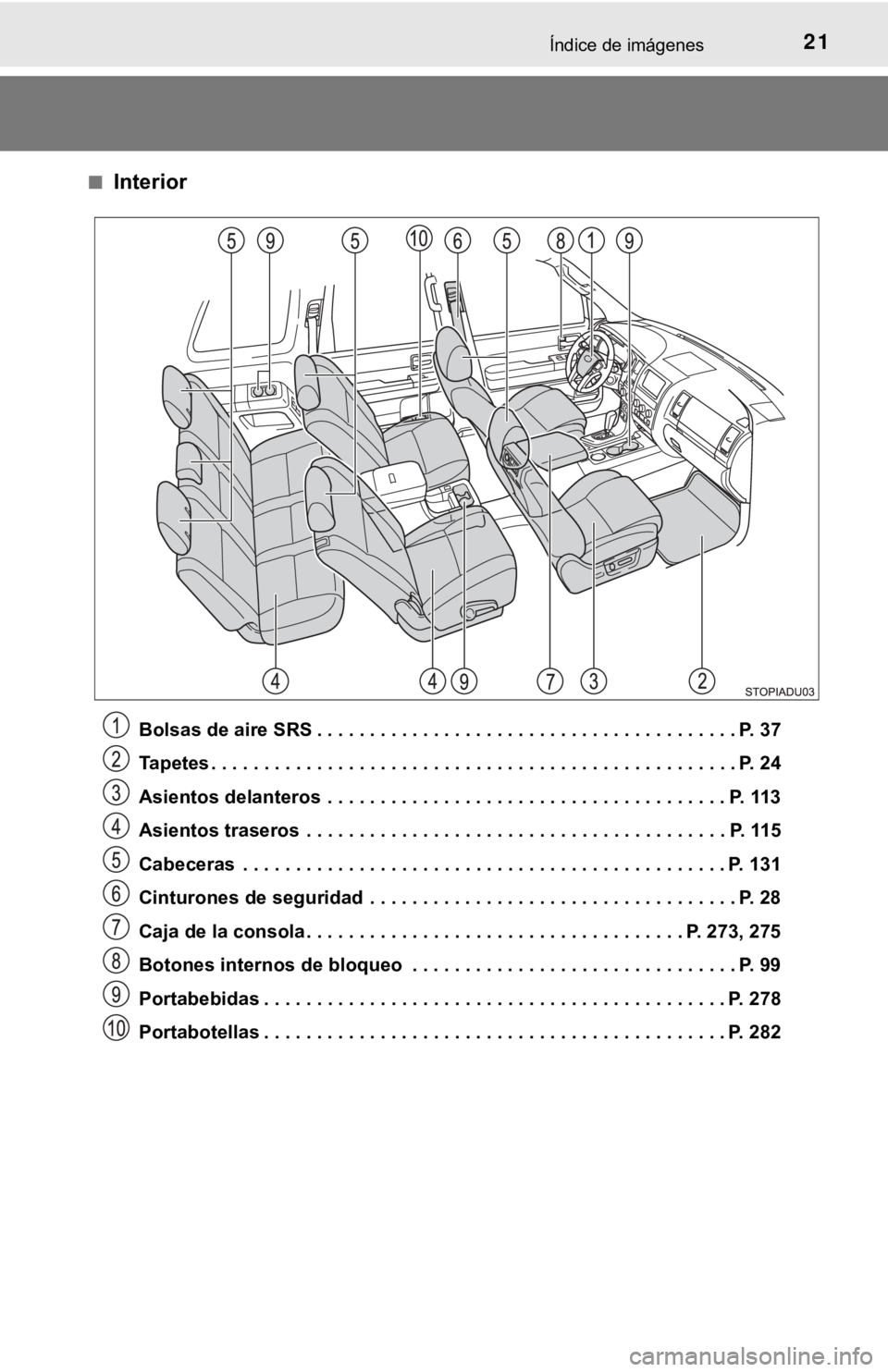 TOYOTA SEQUOIA 2019 Manual del propietario (in Spanish) 21Índice de imágenes
■Interior
Bolsas de aire SRS . . . . . . . . . . . . . . . . . . . . . . . . . . . . . . . . . . . . . . . . P. 37
Tapetes . . . . . . . . . . . . . . . . . . . . . . . . . . TOYOTA SEQUOIA 2019 Manual del propietario (in Spanish) 21Índice de imágenes
■Interior
Bolsas de aire SRS . . . . . . . . . . . . . . . . . . . . . . . . . . . . . . . . . . . . . . . . P. 37
Tapetes . . . . . . . . . . . . . . . . . . . . . . . . . .