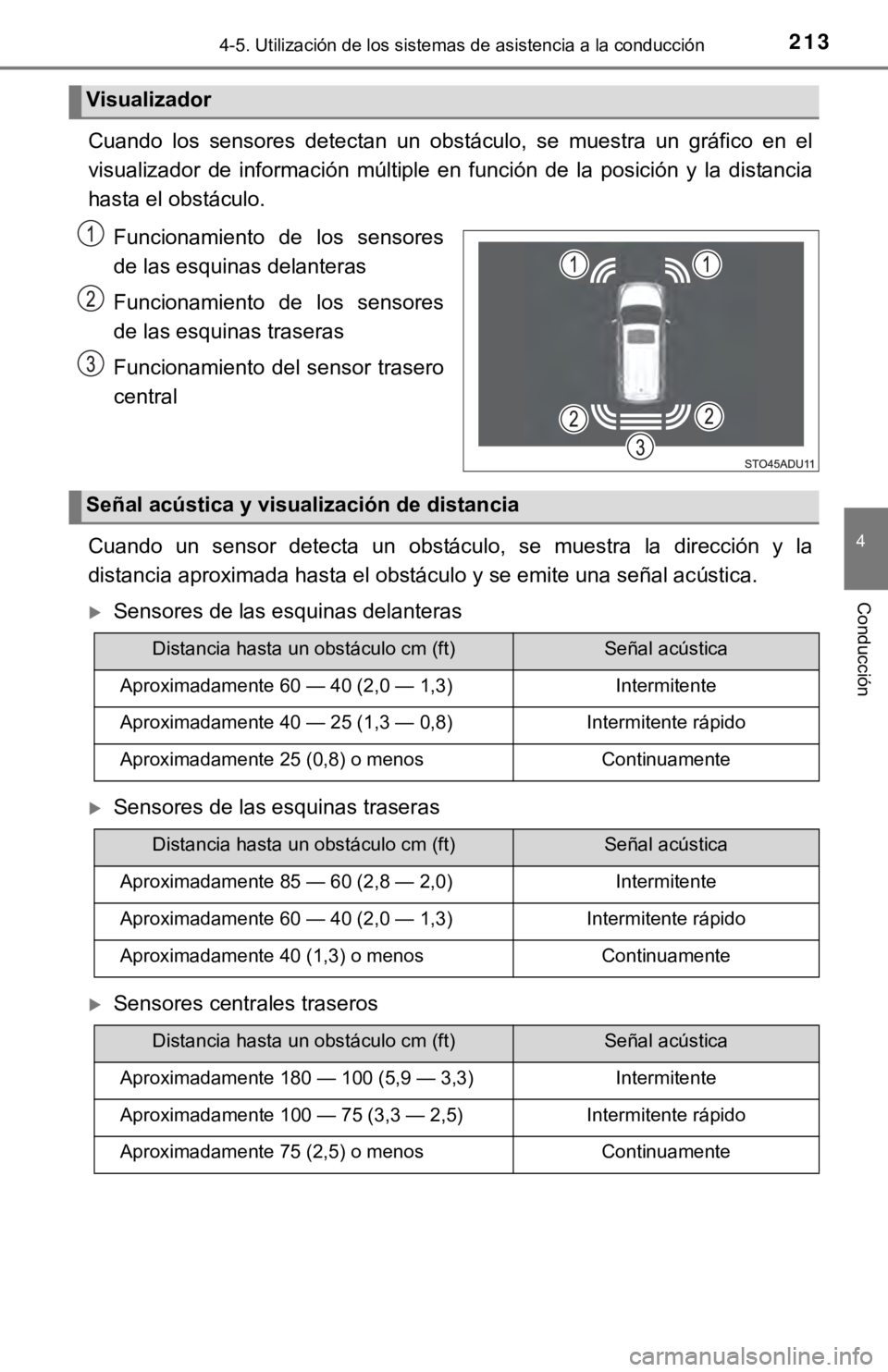 TOYOTA SEQUOIA 2019 Manual del propietario (in Spanish) 2134-5. Utilización de los sistemas de asistencia a la conducción
4
Conducción
Cuando los sensores detectan un obstáculo, se muestra un gráfic o en el
visualizador de información m TOYOTA SEQUOIA 2019 Manual del propietario (in Spanish) 2134-5. Utilización de los sistemas de asistencia a la conducción
4
Conducción
Cuando los sensores detectan un obstáculo, se muestra un gráfic o en el
visualizador de información m