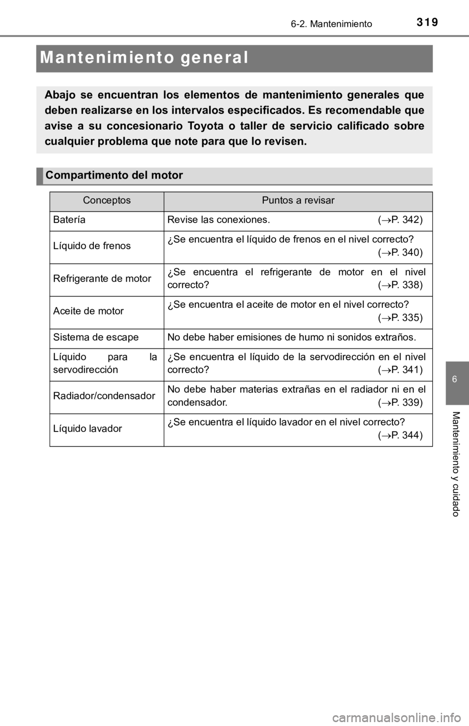 TOYOTA SEQUOIA 2019 Manual del propietario (in Spanish) 3196-2. Mantenimiento
6
Mantenimiento y cuidado
Mantenimiento general
Abajo se encuentran los elementos de mantenimiento generales que
deben realizarse en los intervalos especificados. Es reco TOYOTA SEQUOIA 2019 Manual del propietario (in Spanish) 3196-2. Mantenimiento
6
Mantenimiento y cuidado
Mantenimiento general
Abajo se encuentran los elementos de mantenimiento generales que
deben realizarse en los intervalos especificados. Es reco