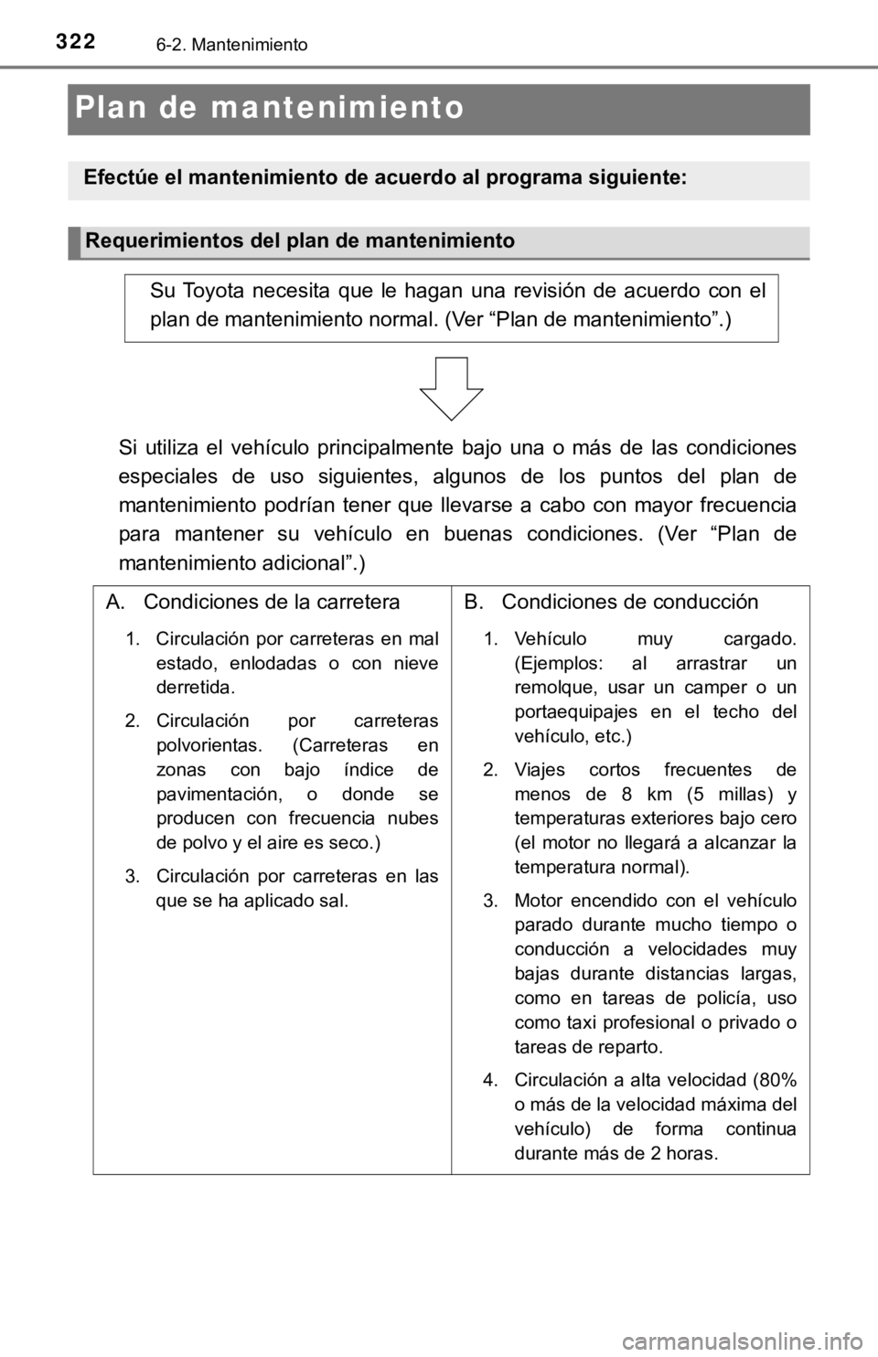 TOYOTA SEQUOIA 2019 Manual del propietario (in Spanish) 3226-2. Mantenimiento
Plan de mantenimiento
Efectúe el mantenimiento de acuerdo al programa siguiente:
Requerimientos del plan de mantenimiento
Su Toyota necesita que le hagan una revisión d TOYOTA SEQUOIA 2019 Manual del propietario (in Spanish) 3226-2. Mantenimiento
Plan de mantenimiento
Efectúe el mantenimiento de acuerdo al programa siguiente:
Requerimientos del plan de mantenimiento
Su Toyota necesita que le hagan una revisión d