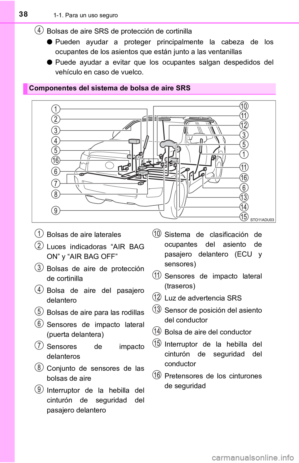 TOYOTA SEQUOIA 2019 Manual del propietario (in Spanish) 381-1. Para un uso seguro
Bolsas de aire SRS de protección de cortinilla
●Pueden ayudar a proteger principalmente la cabeza de los
ocupantes de los asientos que están junto a las ventanill TOYOTA SEQUOIA 2019 Manual del propietario (in Spanish) 381-1. Para un uso seguro
Bolsas de aire SRS de protección de cortinilla
●Pueden ayudar a proteger principalmente la cabeza de los
ocupantes de los asientos que están junto a las ventanill