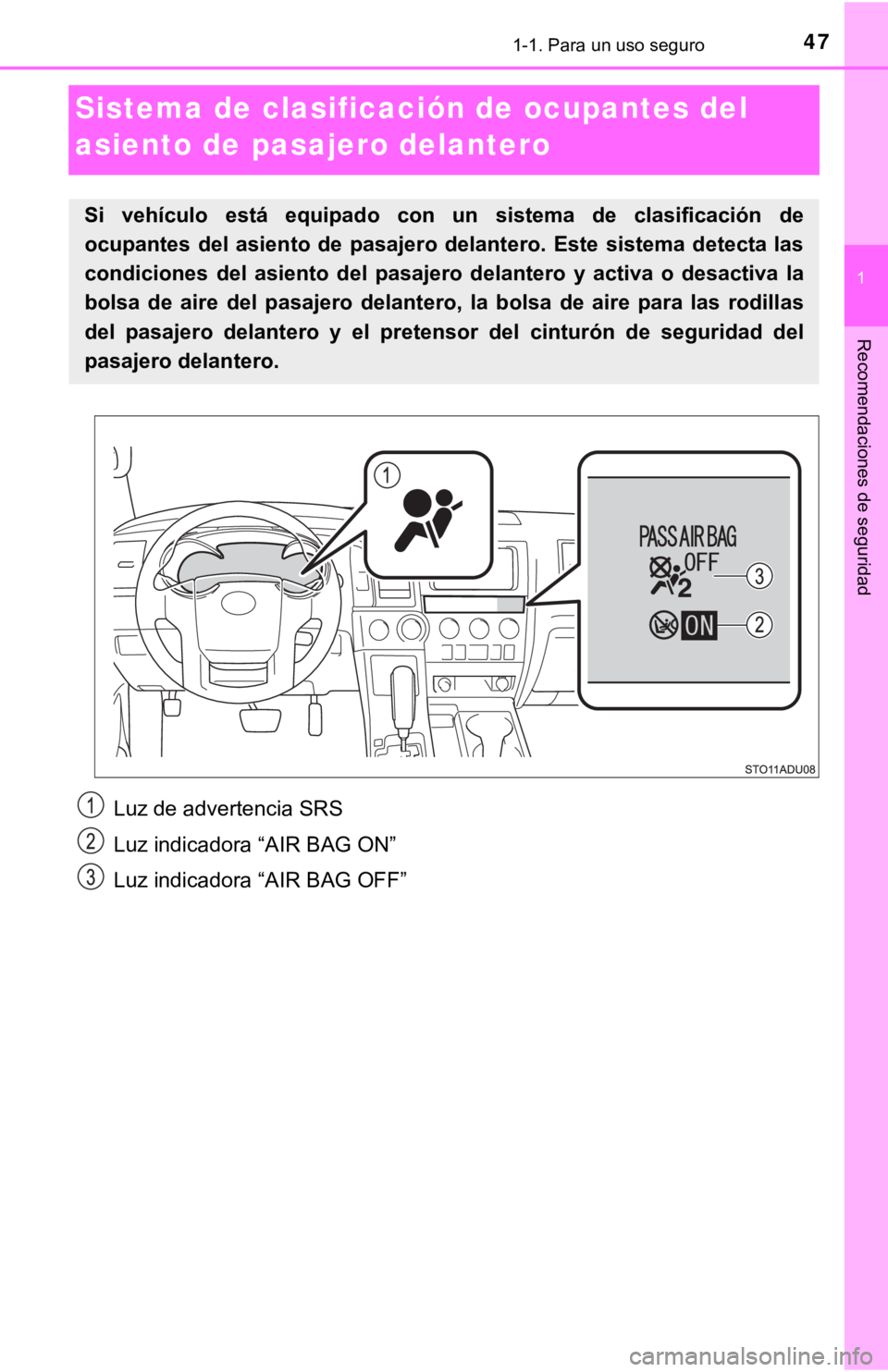 TOYOTA SEQUOIA 2019 Manual del propietario (in Spanish) 471-1. Para un uso seguro
1
Recomendaciones de seguridad
Sistema de clasificación de ocupantes del
asiento de pasajero delantero
Si vehículo está equipado con un sistema de clasificación TOYOTA SEQUOIA 2019 Manual del propietario (in Spanish) 471-1. Para un uso seguro
1
Recomendaciones de seguridad
Sistema de clasificación de ocupantes del
asiento de pasajero delantero
Si vehículo está equipado con un sistema de clasificación