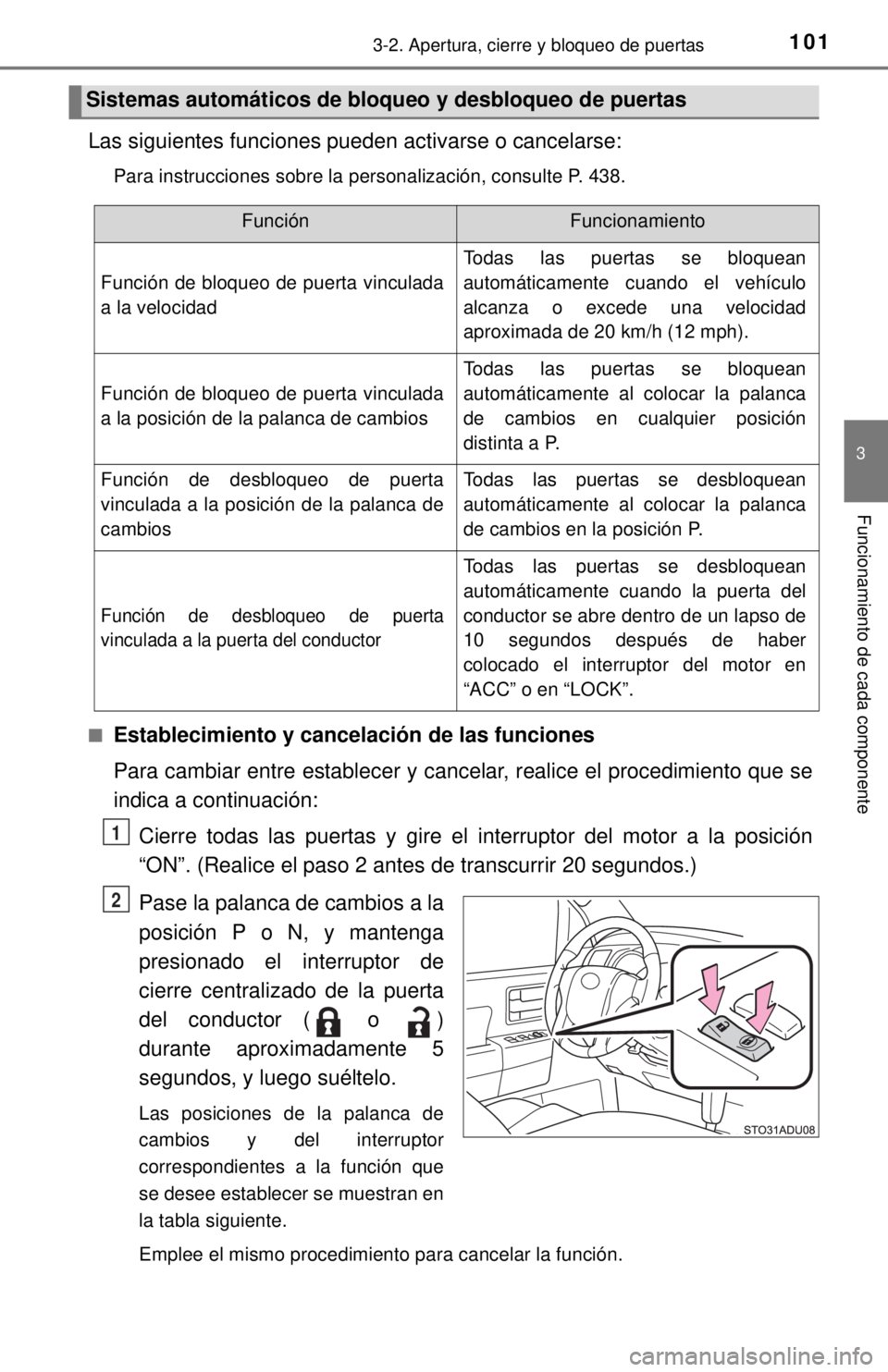 TOYOTA SEQUOIA 2018  Manual del propietario (in Spanish) 1013-2. Apertura, cierre y bloqueo de puertas
3
Funcionamiento de cada componente
Las siguientes funciones pueden activarse o cancelarse:
Para instrucciones sobre la personalización, consulte P. 438.