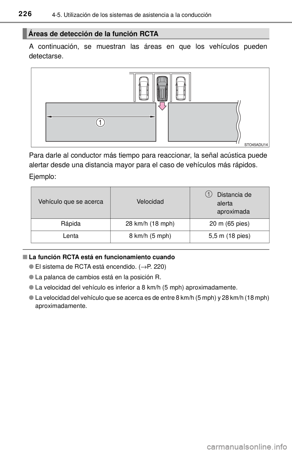 TOYOTA SEQUOIA 2018 Manual del propietario (in Spanish) 2264-5. Utilización de los sistemas de asistencia a la conducción
A continuación, se muestran las áreas en que los vehículos pueden
detectarse.
Para darle al conductor más tiempo para reaccionar TOYOTA SEQUOIA 2018 Manual del propietario (in Spanish) 2264-5. Utilización de los sistemas de asistencia a la conducción
A continuación, se muestran las áreas en que los vehículos pueden
detectarse.
Para darle al conductor más tiempo para reaccionar