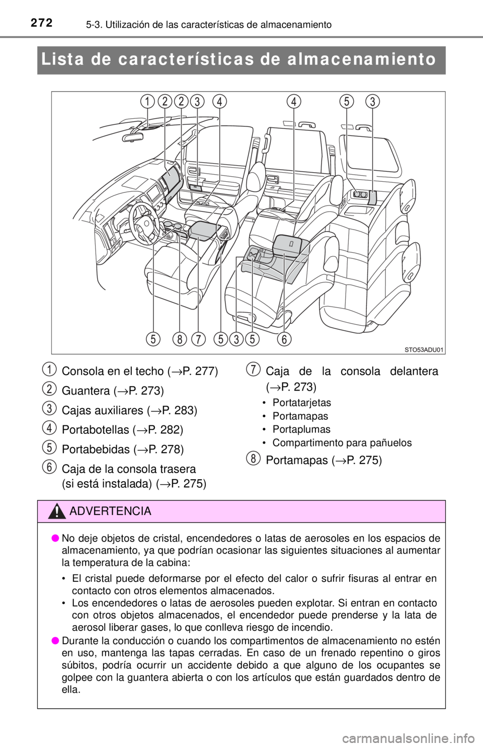 TOYOTA SEQUOIA 2018  Manual del propietario (in Spanish) 2725-3. Utilización de las características de almacenamiento
Lista de características de almacenamiento
Consola en el techo (→P. 277)
Guantera ( →P. 273)
Cajas auxiliares ( →P. 283)
Portabote