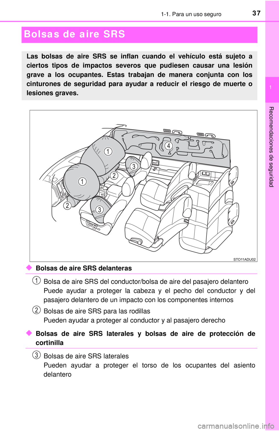 TOYOTA SEQUOIA 2018 Manual del propietario (in Spanish) 371-1. Para un uso seguro
1
Recomendaciones de seguridad
Bolsas de aire SRS
◆Bolsas de aire SRS delanterasBolsa de aire SRS del conductor/bolsa de aire del pasajero delantero
Puede ayudar a proteger TOYOTA SEQUOIA 2018 Manual del propietario (in Spanish) 371-1. Para un uso seguro
1
Recomendaciones de seguridad
Bolsas de aire SRS
◆Bolsas de aire SRS delanterasBolsa de aire SRS del conductor/bolsa de aire del pasajero delantero
Puede ayudar a proteger