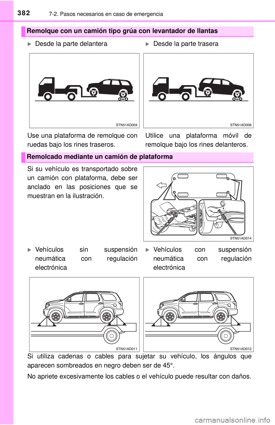 TOYOTA SEQUOIA 2018  Manual del propietario (in Spanish) 3827-2. Pasos necesarios en caso de emergencia
Si su vehículo es transportado sobre
un camión con plataforma, debe ser
anclado en las posiciones que se
muestran en la ilustración.
Si utiliza cadena