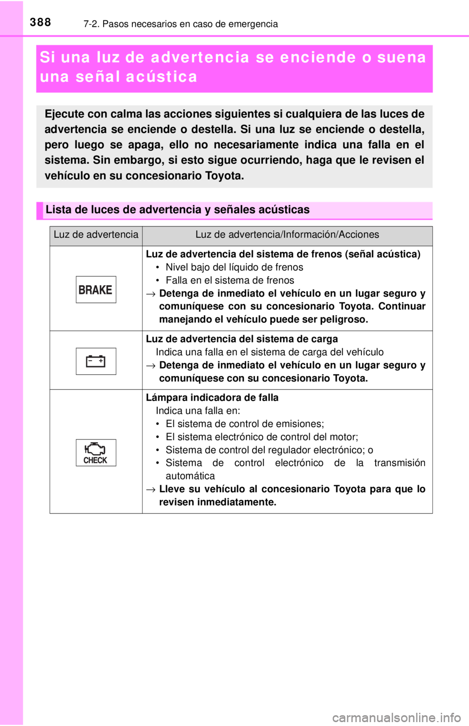 TOYOTA SEQUOIA 2018  Manual del propietario (in Spanish) 3887-2. Pasos necesarios en caso de emergencia
Si una luz de advertencia se enciende o suena 
una señal acústica
Ejecute con calma las acciones siguientes si cualquiera de las luces de
advertencia s