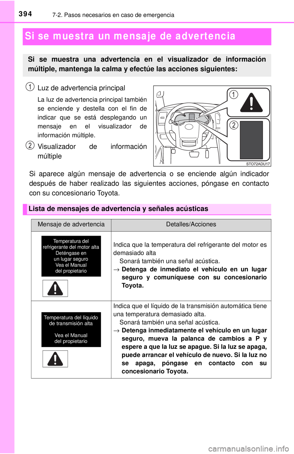 TOYOTA SEQUOIA 2018  Manual del propietario (in Spanish) 3947-2. Pasos necesarios en caso de emergencia
Si se muestra un mensaje de advertencia
Luz de advertencia principal
La luz de advertencia principal también
se enciende y destella con el fin de
indica