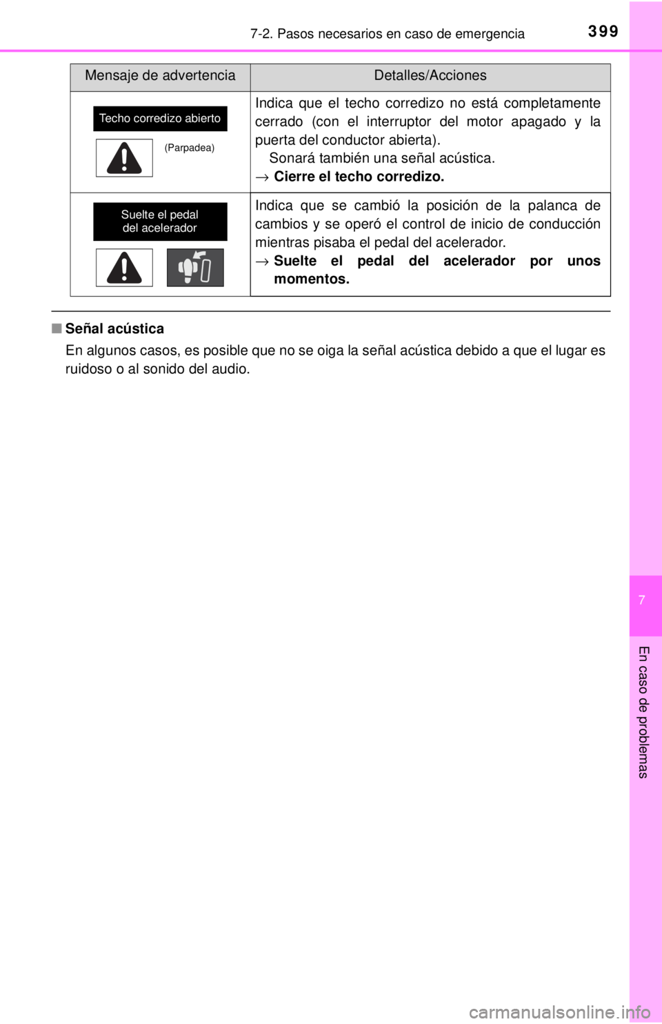 TOYOTA SEQUOIA 2018  Manual del propietario (in Spanish) 3997-2. Pasos necesarios en caso de emergencia
7
En caso de problemas
■Señal acústica
En algunos casos, es posible que no se oiga la señal acústica debido a que el lugar es
ruidoso o al sonido d