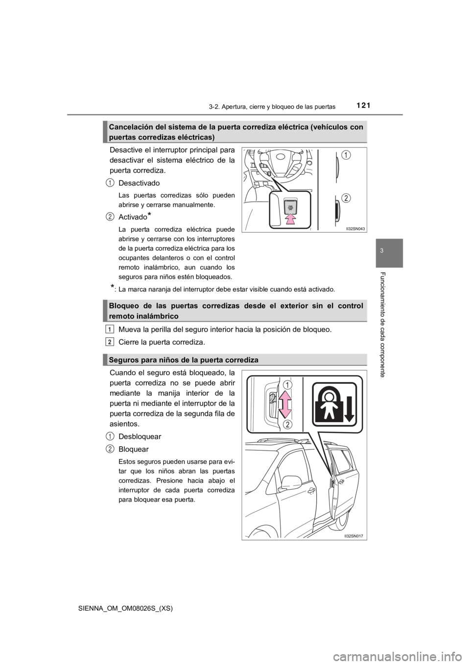 TOYOTA SIENNA 2019 Manual del propietario (in Spanish) SIENNA_OM_OM08026S_(XS)
1213-2. Apertura, cierre y bloqueo de las puertas
3
Funcionamiento de cada componente
Desactive el interruptor principal para
desactivar el sistema eléctrico de la
puerta TOYOTA SIENNA 2019 Manual del propietario (in Spanish) SIENNA_OM_OM08026S_(XS)
1213-2. Apertura, cierre y bloqueo de las puertas
3
Funcionamiento de cada componente
Desactive el interruptor principal para
desactivar el sistema eléctrico de la
puerta