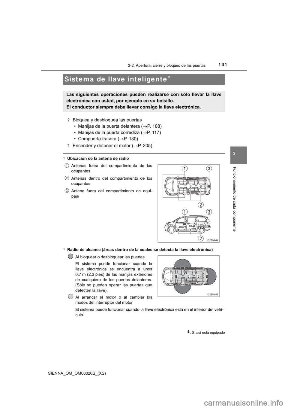 TOYOTA SIENNA 2019 Manual del propietario (in Spanish) 141
SIENNA_OM_OM08026S_(XS)
3-2. Apertura, cierre y bloqueo de las puertas
3
Funcionamiento de cada componente
Sistema de llave inteligente
?Bloquea y desbloquea las puertas• Manijas de la puerta TOYOTA SIENNA 2019 Manual del propietario (in Spanish) 141
SIENNA_OM_OM08026S_(XS)
3-2. Apertura, cierre y bloqueo de las puertas
3
Funcionamiento de cada componente
Sistema de llave inteligente
?Bloquea y desbloquea las puertas• Manijas de la puerta