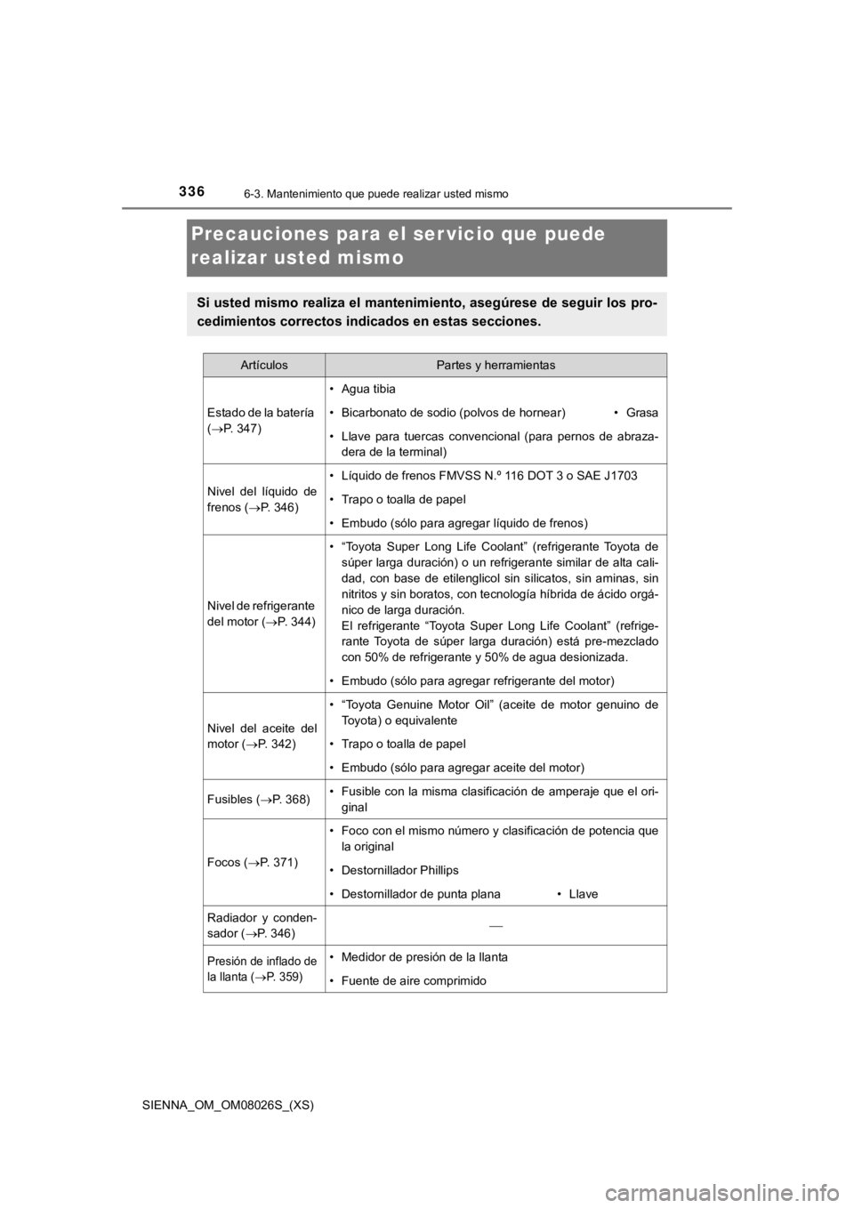 TOYOTA SIENNA 2019 Manual del propietario (in Spanish) 336
SIENNA_OM_OM08026S_(XS)
6-3. Mantenimiento que puede realizar usted mismo
Precauciones para el ser vicio que puede
realizar usted mismo
Si usted mismo realiza el mante nimiento, asegúrese de seg TOYOTA SIENNA 2019 Manual del propietario (in Spanish) 336
SIENNA_OM_OM08026S_(XS)
6-3. Mantenimiento que puede realizar usted mismo
Precauciones para el ser vicio que puede
realizar usted mismo
Si usted mismo realiza el mante nimiento, asegúrese de seg