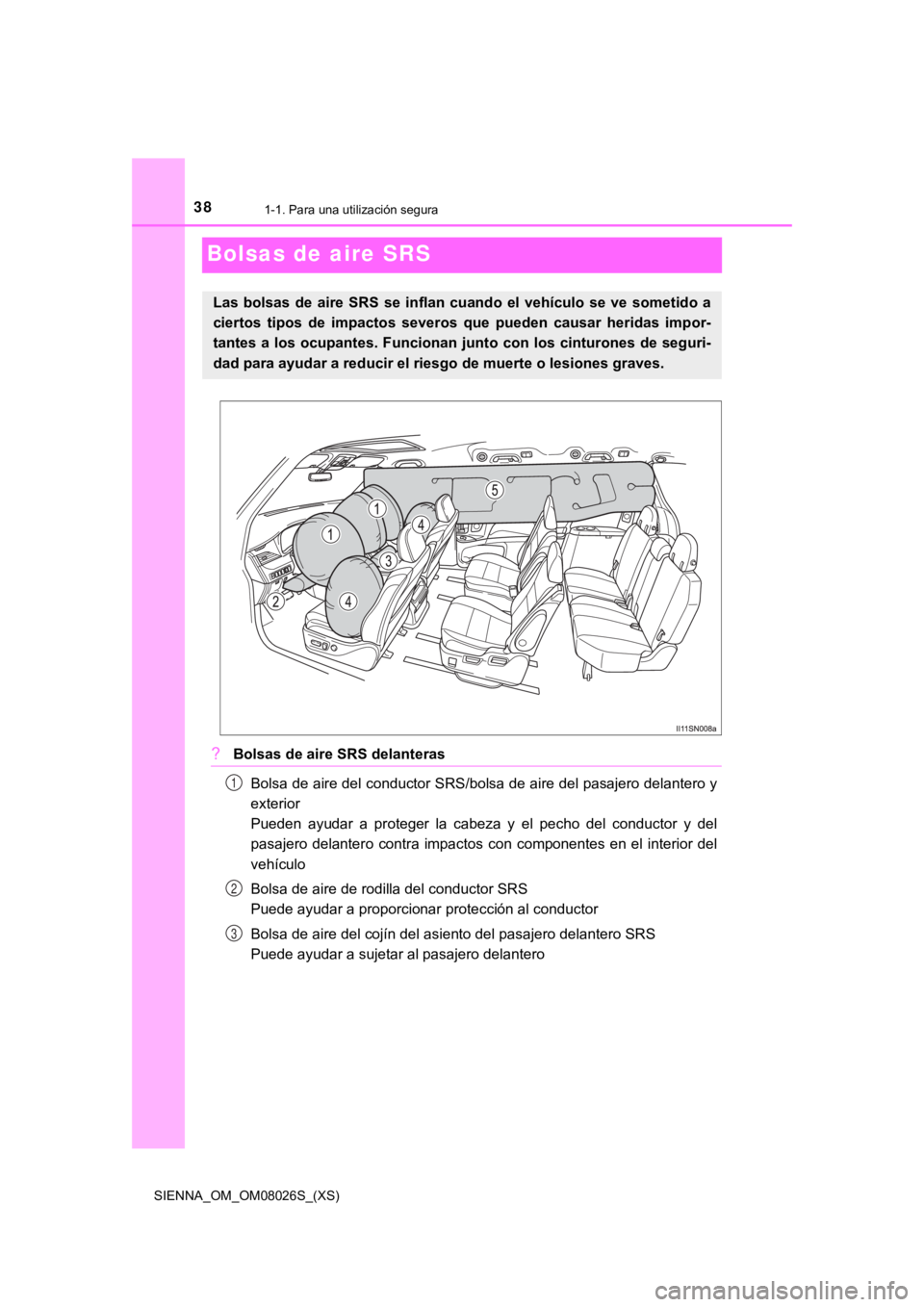 TOYOTA SIENNA 2019 Manual del propietario (in Spanish) 381-1. Para una utilización segura
SIENNA_OM_OM08026S_(XS)
Bolsas de aire SRS
?Bolsas de aire SRS delanterasBolsa de aire del conductor SRS/bolsa de aire del pasajero delantero y
exterior
Pueden ay TOYOTA SIENNA 2019 Manual del propietario (in Spanish) 381-1. Para una utilización segura
SIENNA_OM_OM08026S_(XS)
Bolsas de aire SRS
?Bolsas de aire SRS delanterasBolsa de aire del conductor SRS/bolsa de aire del pasajero delantero y
exterior
Pueden ay
