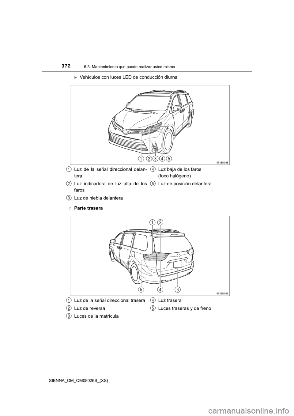TOYOTA SIENNA 2019  Manual del propietario (in Spanish) 372
SIENNA_OM_OM08026S_(XS)
6-3. Mantenimiento que puede realizar usted mismo
Vehículos con luces LED de conducción diurna
?Parte trasera
Luz  de  la  señal  direccional  delan-
tera
Luz  indica