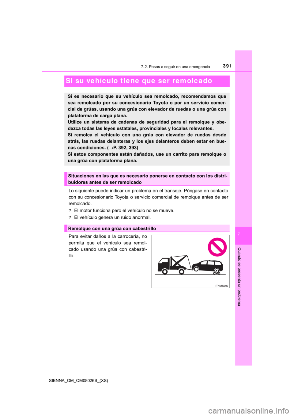 TOYOTA SIENNA 2019 Manual del propietario (in Spanish) 391
SIENNA_OM_OM08026S_(XS)
7
Cuando se presenta un problema
7-2. Pasos a seguir en una emergencia
Si su vehículo tiene que ser remolcado
Lo siguiente puede indicar un problema en el transeje. Pónga TOYOTA SIENNA 2019 Manual del propietario (in Spanish) 391
SIENNA_OM_OM08026S_(XS)
7
Cuando se presenta un problema
7-2. Pasos a seguir en una emergencia
Si su vehículo tiene que ser remolcado
Lo siguiente puede indicar un problema en el transeje. Pónga