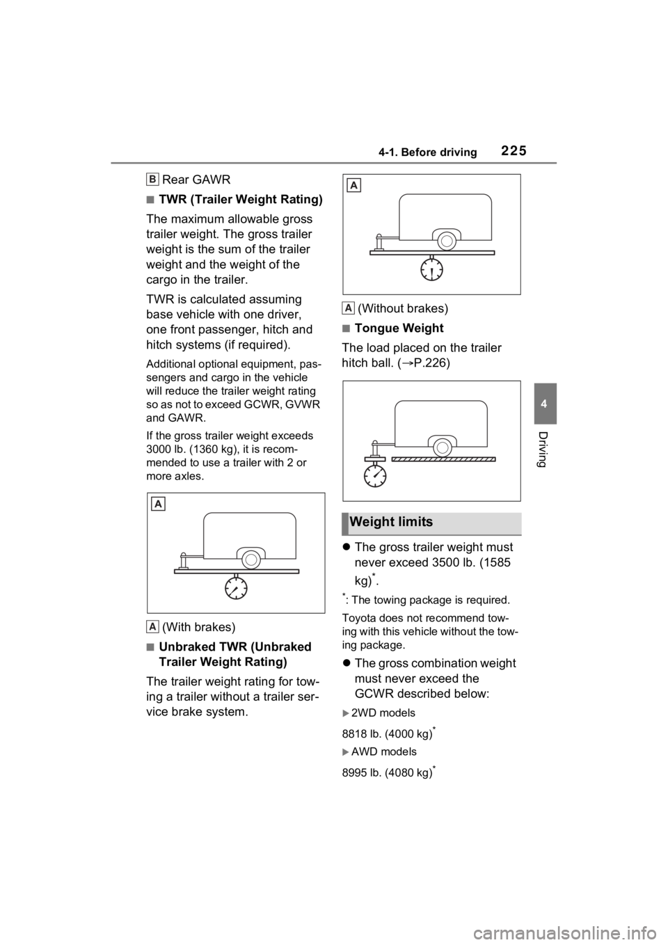 TOYOTA SIENNA HYBRID 2022 Owners Manual 2254-1. Before driving
4
Driving
Rear GAWR
■TWR (Trailer Weight Rating)
The maximum allowable gross
trailer weight. The gross trailer
weight is the sum of the trailer
weight and the weight of the TOYOTA SIENNA HYBRID 2022 Owners Manual 2254-1. Before driving
4
Driving
Rear GAWR
■TWR (Trailer Weight Rating)
The maximum allowable gross
trailer weight. The gross trailer
weight is the sum of the trailer
weight and the weight of the