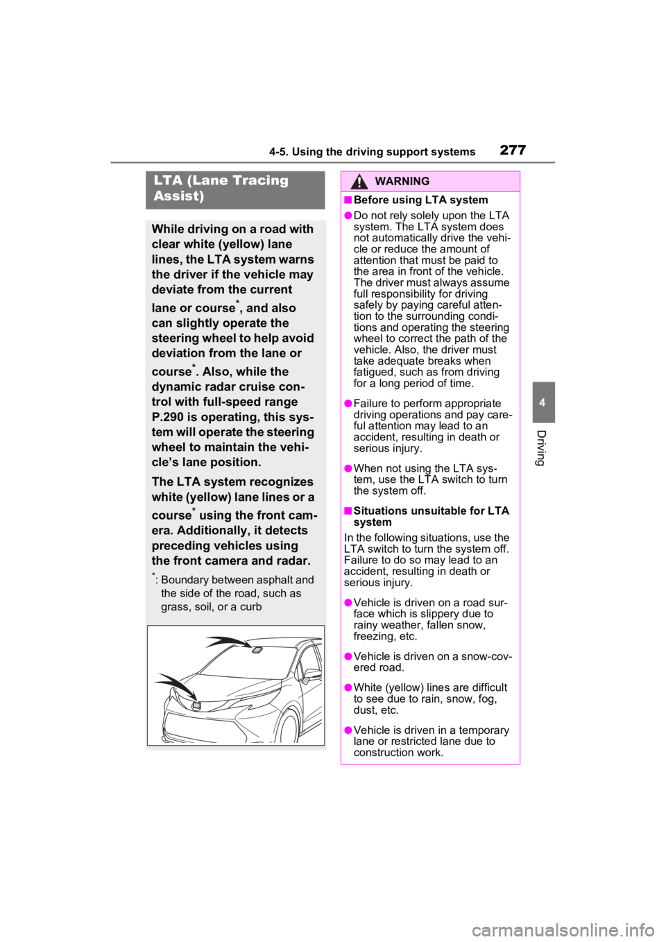 TOYOTA SIENNA HYBRID 2022  Owners Manual 2774-5. Using the driving support systems
4
Driving
LTA (Lane Tracing 
Assist)
While driving on a road with 
clear white (yellow) lane 
lines, the LTA system warns 
the driver if the vehicle may 
devi