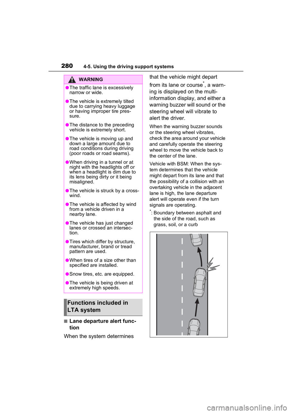 TOYOTA SIENNA HYBRID 2022  Owners Manual 2804-5. Using the driving support systems
■Lane departure alert func-
tion
When the system determines  that the vehicle might depart 
from its lane or course
*, a warn-
ing is displayed on the multi