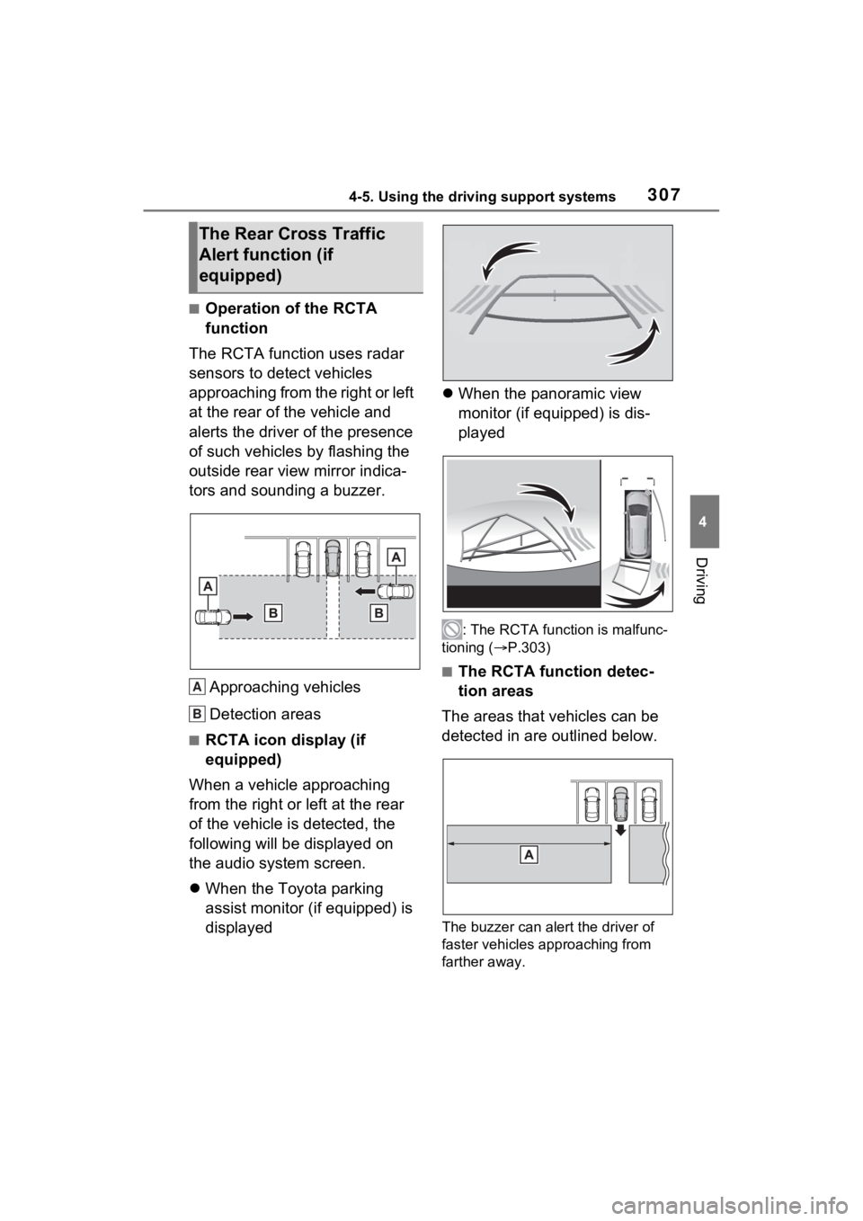 TOYOTA SIENNA HYBRID 2022  Owners Manual 3074-5. Using the driving support systems
4
Driving
■Operation of the RCTA 
function
The RCTA function uses radar 
sensors to detect vehicles 
approaching from the right or left 
at the rear of the 
