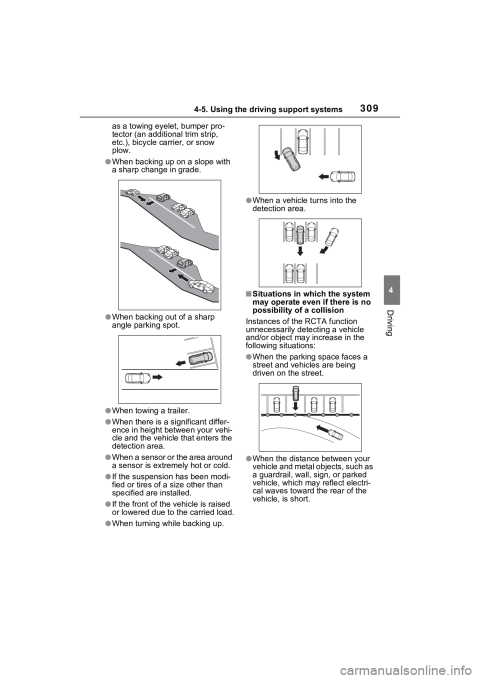 TOYOTA SIENNA HYBRID 2022  Owners Manual 3094-5. Using the driving support systems
4
Driving
as a towing eyelet, bumper pro-
tector (an additional trim strip, 
etc.), bicycle carrier, or snow 
plow.
●When backing up on a slope with 
a shar