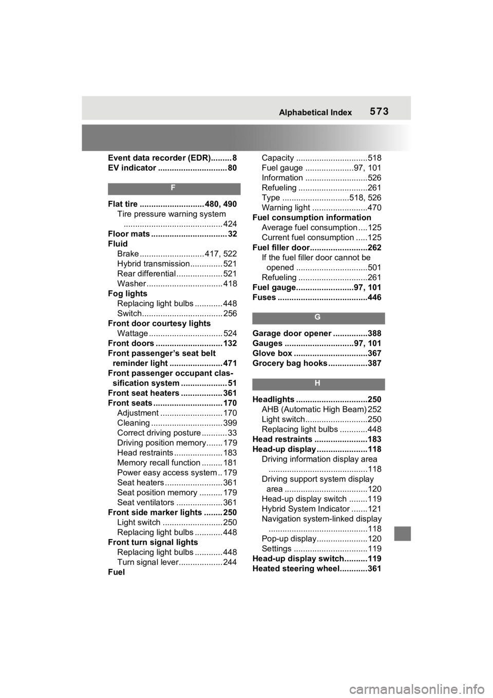 TOYOTA SIENNA HYBRID 2022  Owners Manual Alphabetical Index573
Event data recorder (EDR)......... 8
EV indicator .............................. 80
F
Flat tire ............................ 480, 490Tire pressure warning system.................