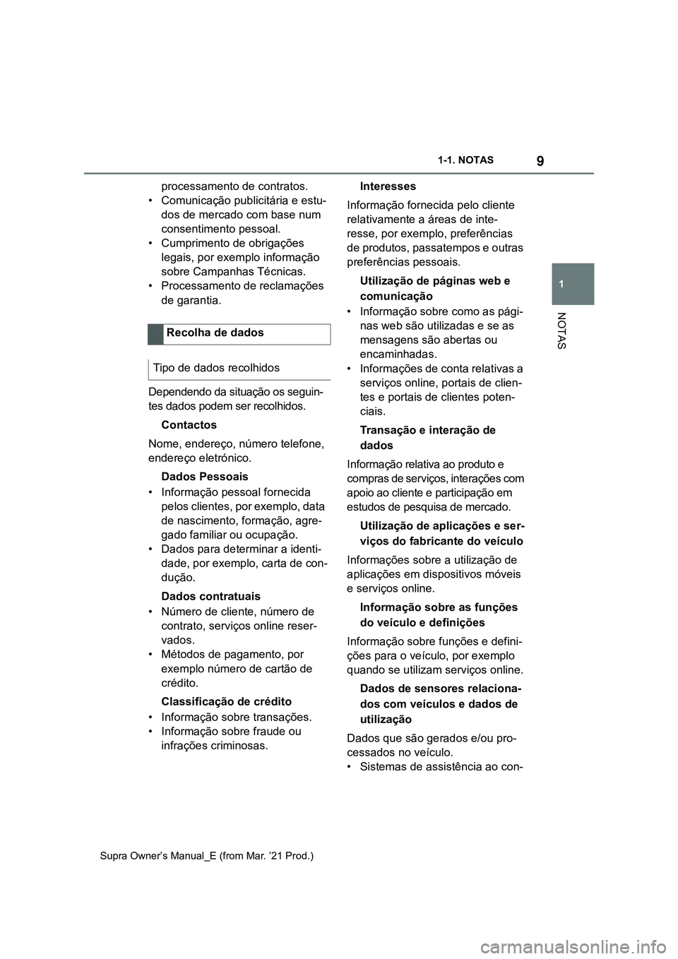 TOYOTA SUPRA 2023 Manual de utilização (in Portuguese) 9
1 1-1. NOTAS
NOTAS
Supra Owner’s Manual_E (from Mar. ’21 Prod.)
processamento de contratos.
• Comunicação publicitária e estu-
dos de mercado com base num
consentimento pessoal.
• Cumpri TOYOTA SUPRA 2023 Manual de utilização (in Portuguese) 9
1 1-1. NOTAS
NOTAS
Supra Owner’s Manual_E (from Mar. ’21 Prod.)
processamento de contratos.
• Comunicação publicitária e estu-
dos de mercado com base num
consentimento pessoal.
• Cumpri