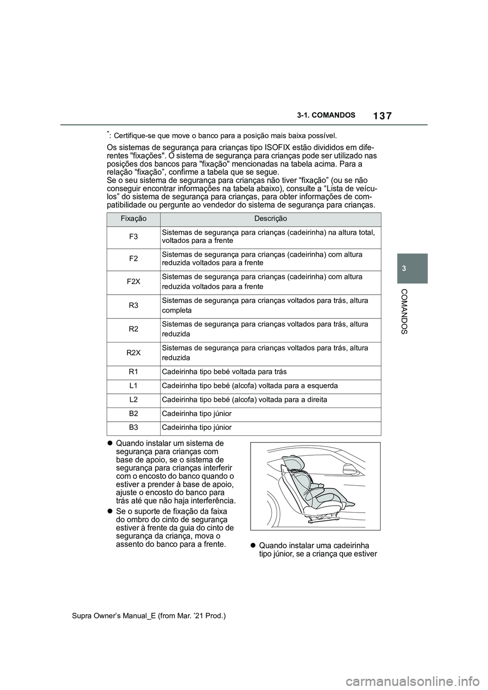 TOYOTA SUPRA 2023 Manual de utilização (in Portuguese) 137
3 3-1. COMANDOS
COMANDOS
Supra Owner’s Manual_E (from Mar. ’21 Prod.)
*: Certifique-se que move o banco para a posição mais baixa possível.
Os sistemas de segurança para crianças tipo ISO TOYOTA SUPRA 2023 Manual de utilização (in Portuguese) 137
3 3-1. COMANDOS
COMANDOS
Supra Owner’s Manual_E (from Mar. ’21 Prod.)
*: Certifique-se que move o banco para a posição mais baixa possível.
Os sistemas de segurança para crianças tipo ISO