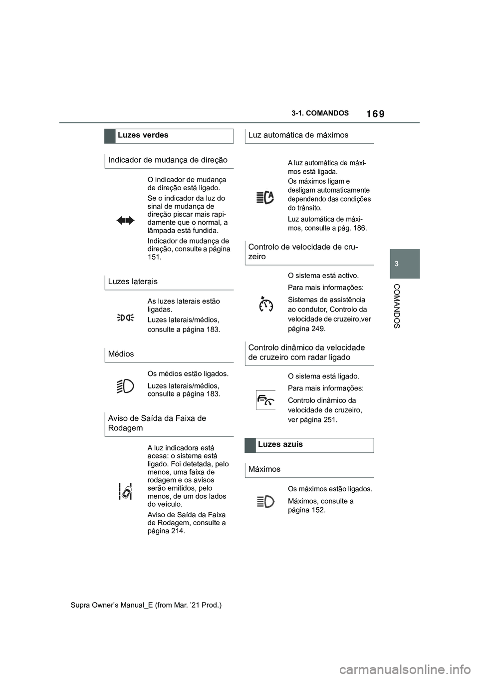 TOYOTA SUPRA 2023 Manual de utilização (in Portuguese) 169
3 3-1. COMANDOS
COMANDOS
Supra Owner’s Manual_E (from Mar. ’21 Prod.)
Luzes verdes
Indicador de mudança de direção
O indicador de mudança
de direção está ligado.
Se o indicador da luz TOYOTA SUPRA 2023 Manual de utilização (in Portuguese) 169
3 3-1. COMANDOS
COMANDOS
Supra Owner’s Manual_E (from Mar. ’21 Prod.)
Luzes verdes
Indicador de mudança de direção
O indicador de mudança
de direção está ligado.
Se o indicador da luz