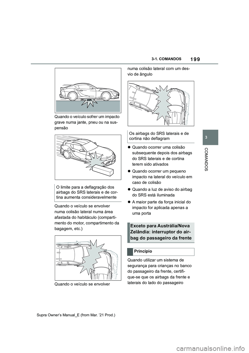 TOYOTA SUPRA 2023 Manual de utilização (in Portuguese) 199
3 3-1. COMANDOS
COMANDOS
Supra Owner’s Manual_E (from Mar. ’21 Prod.)
Q u a nd o o ve íc ul o s of re r um im p ac to
grave numa jante, pneu ou na sus-
pensão
Quando o veículo se envolv TOYOTA SUPRA 2023 Manual de utilização (in Portuguese) 199
3 3-1. COMANDOS
COMANDOS
Supra Owner’s Manual_E (from Mar. ’21 Prod.)
Q u a nd o o ve íc ul o s of re r um im p ac to
grave numa jante, pneu ou na sus-
pensão
Quando o veículo se envolv