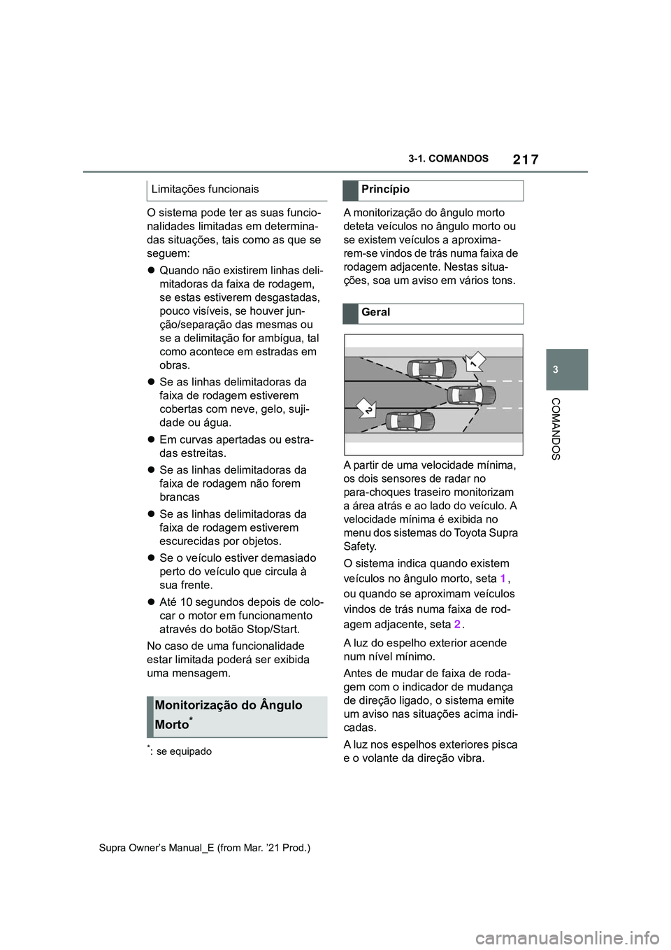 TOYOTA SUPRA 2023 Manual de utilização (in Portuguese) 217
3 3-1. COMANDOS
COMANDOS
Supra Owner’s Manual_E (from Mar. ’21 Prod.)
O sistema pode ter as suas funcio-
nalidades limitadas em determina-
das situações, tais como as que se
seguem:
Qua TOYOTA SUPRA 2023 Manual de utilização (in Portuguese) 217
3 3-1. COMANDOS
COMANDOS
Supra Owner’s Manual_E (from Mar. ’21 Prod.)
O sistema pode ter as suas funcio-
nalidades limitadas em determina-
das situações, tais como as que se
seguem:
Qua