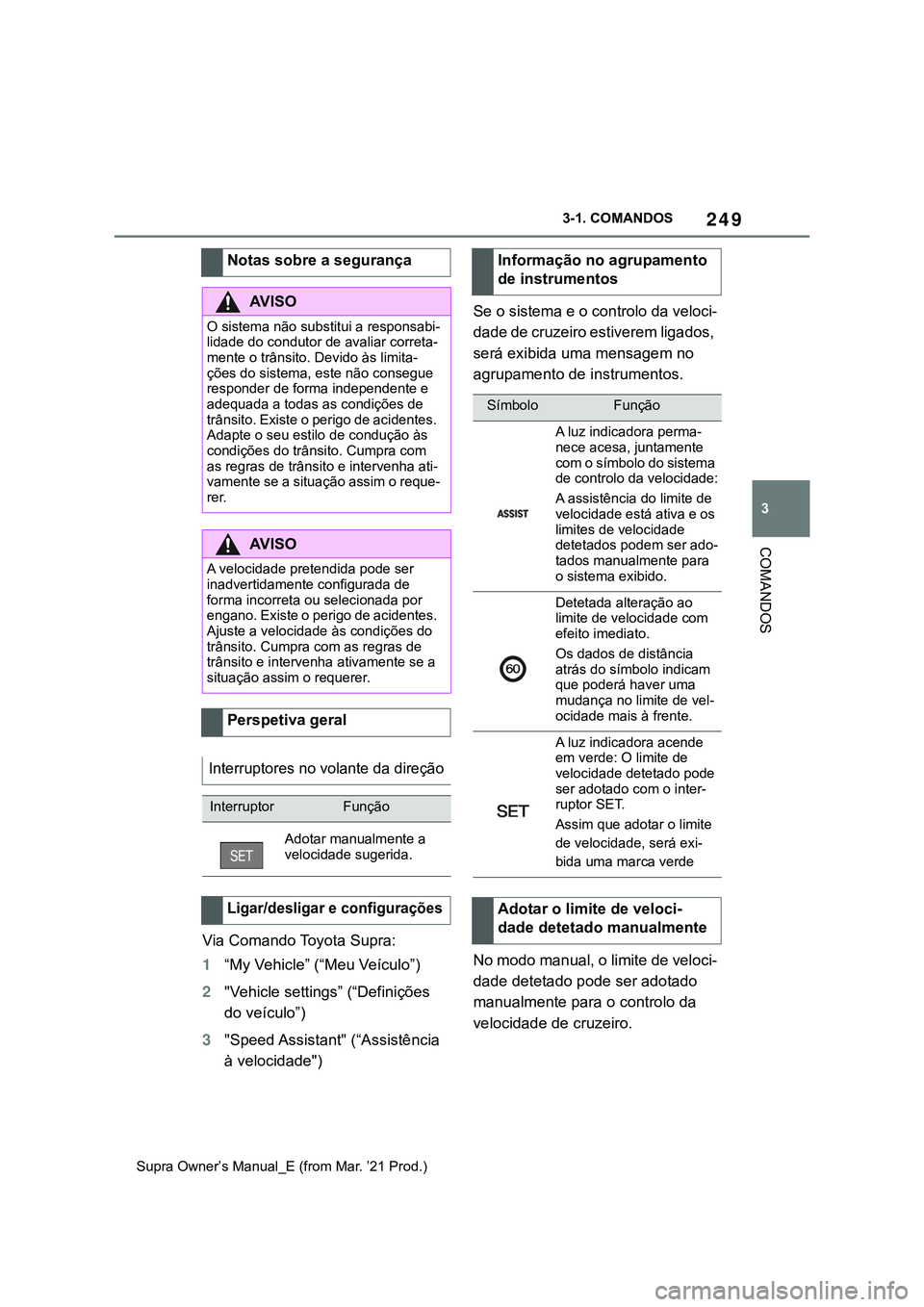 TOYOTA SUPRA 2023 Manual de utilização (in Portuguese) 249
3 3-1. COMANDOS
COMANDOS
Supra Owner’s Manual_E (from Mar. ’21 Prod.)
Via Comando Toyota Supra:
1“My Vehicle” (“Meu Veículo”)
2"Vehicle settings” (“Definições
do veículo TOYOTA SUPRA 2023 Manual de utilização (in Portuguese) 249
3 3-1. COMANDOS
COMANDOS
Supra Owner’s Manual_E (from Mar. ’21 Prod.)
Via Comando Toyota Supra:
1“My Vehicle” (“Meu Veículo”)
2"Vehicle settings” (“Definições
do veículo